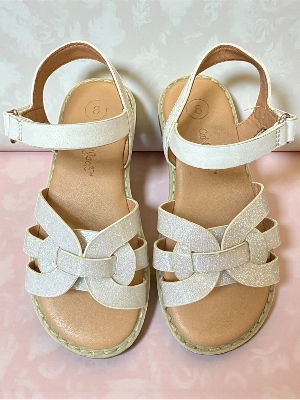 Cat & Jack Toddler Girls White Glitter Braided Strap Sandals Size 8